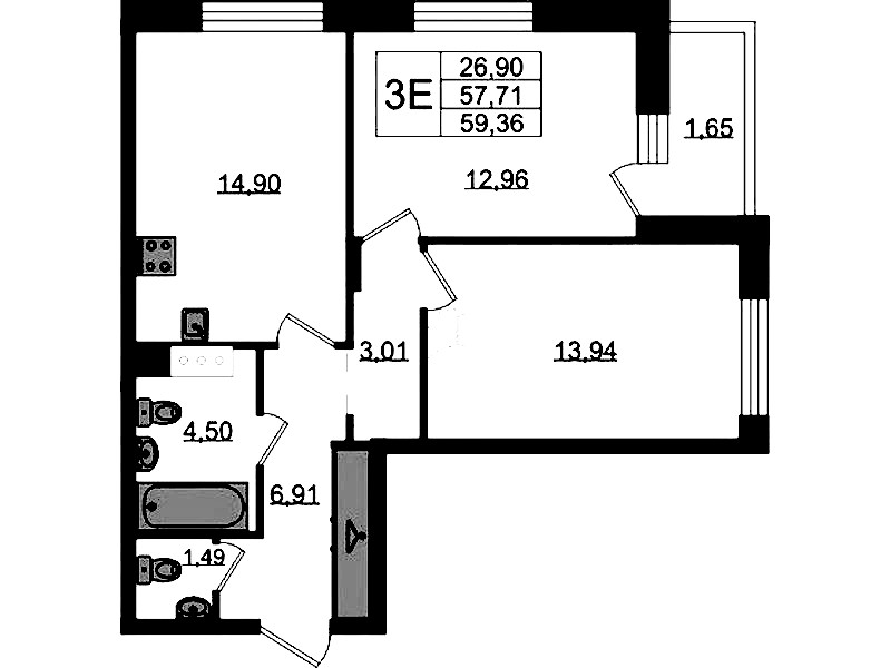 2-комнатная квартира 59.36 м², 6/11 эт., ЖК «VEREN NORT Сертолово»